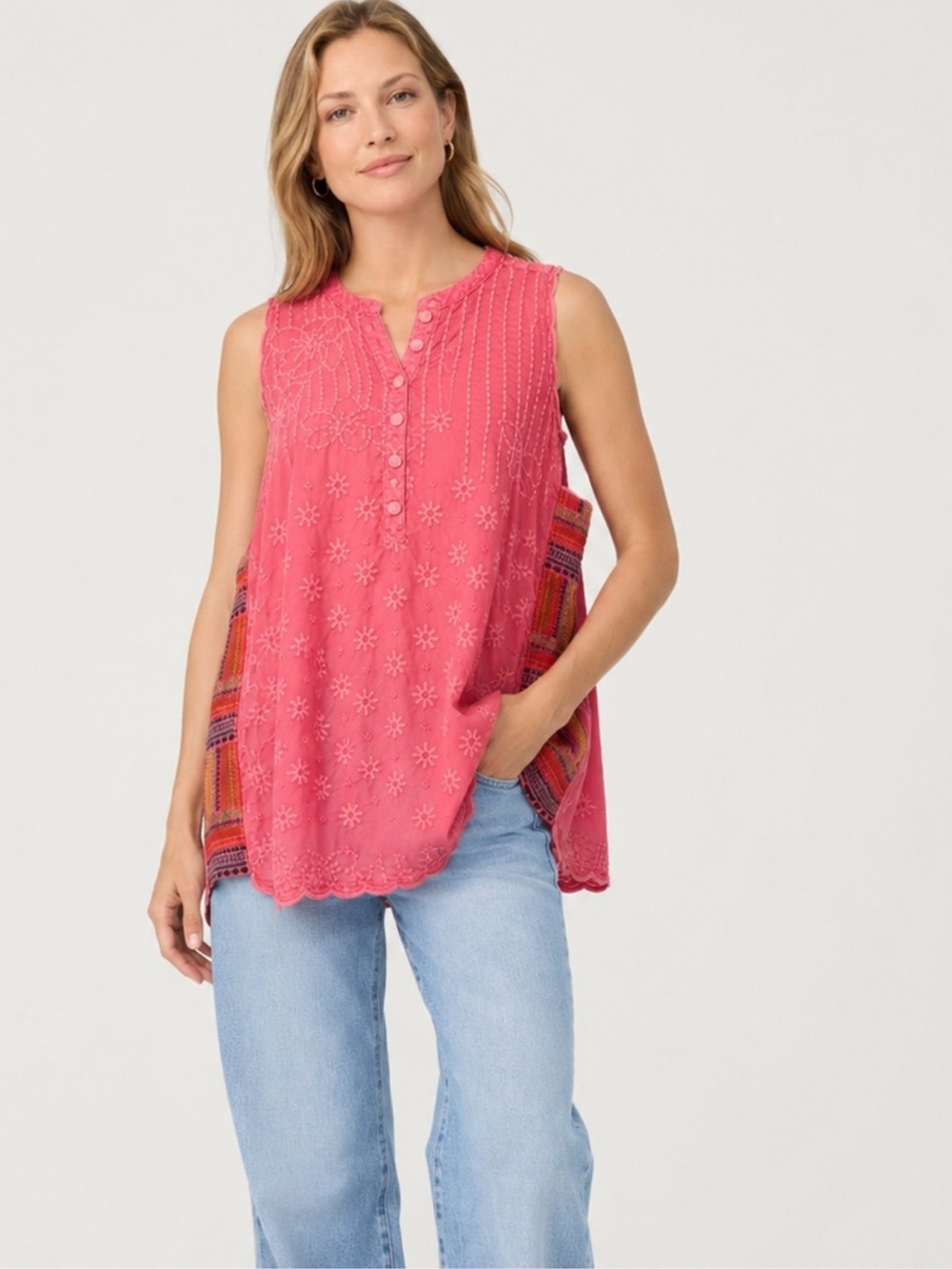 Johnny Was Coral All Over Embroidered Turia 
Colorful Side Panel Blouse Large